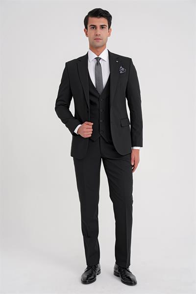Slim Fit Çift Yırtmaç Doku Desenli Siyah Yelekli Takım Elbise TK 921