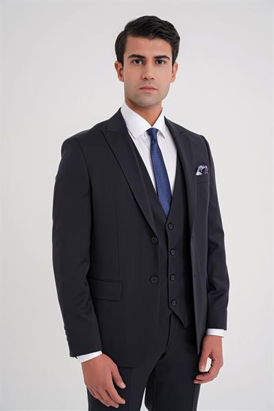 Slim Fit %97 Yün İtalyan Cerruti Kumaş Sivri Yaka Lacivert Yelekli Takım Elbise TK 926