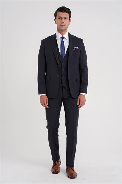 Slim Fit %97 Yün İtalyan Cerruti Kumaş Sivri Yaka Lacivert Yelekli Takım Elbise TK 926