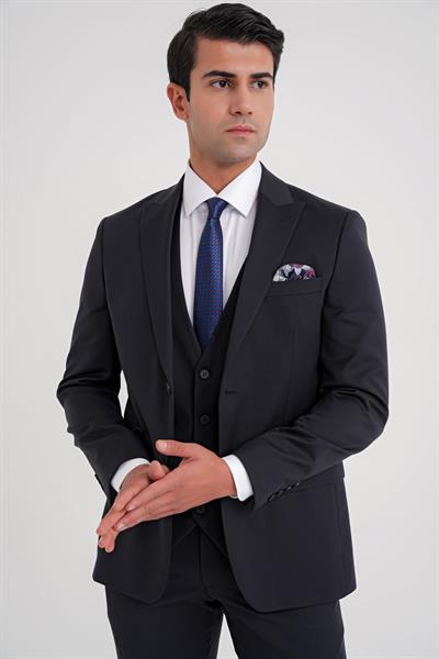 Slim Fit %97 Yün İtalyan Cerruti Kumaş Sivri Yaka Lacivert Yelekli Takım Elbise TK 926