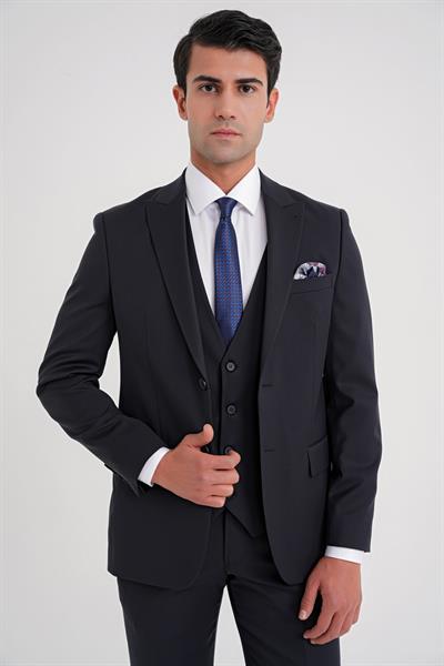 Slim Fit %97 Yün İtalyan Cerruti Kumaş Sivri Yaka Lacivert Yelekli Takım Elbise TK 926