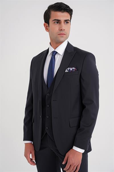 Slim Fit %97 Yün İtalyan Cerruti Kumaş Sivri Yaka Lacivert Yelekli Takım Elbise TK 926
