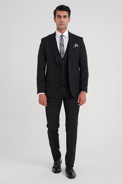 Slim Fit %97 Yün İtalyan Cerruti Kumaş Sivri Yaka Siyah Yelekli Takım Elbise TK 926