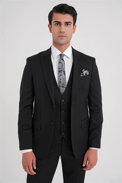 Slim Fit %97 Yün İtalyan Cerruti Kumaş Sivri Yaka Siyah Yelekli Takım Elbise TK 926