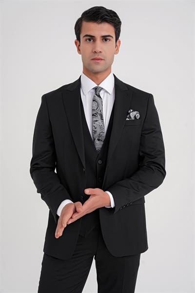 Slim Fit %97 Yün İtalyan Cerruti Kumaş Sivri Yaka Siyah Yelekli Takım Elbise TK 926