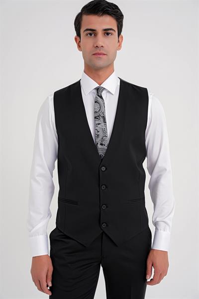 Slim Fit %97 Yün İtalyan Cerruti Kumaş Sivri Yaka Siyah Yelekli Takım Elbise TK 926