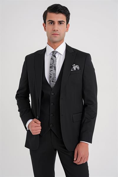 Slim Fit %97 Yün İtalyan Cerruti Kumaş Sivri Yaka Siyah Yelekli Takım Elbise TK 926