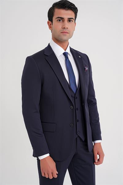 Slim Fit Çift Yırtmaç Doku Desenli Esnek Lacivert Yelekli Takım Elbise TK 927