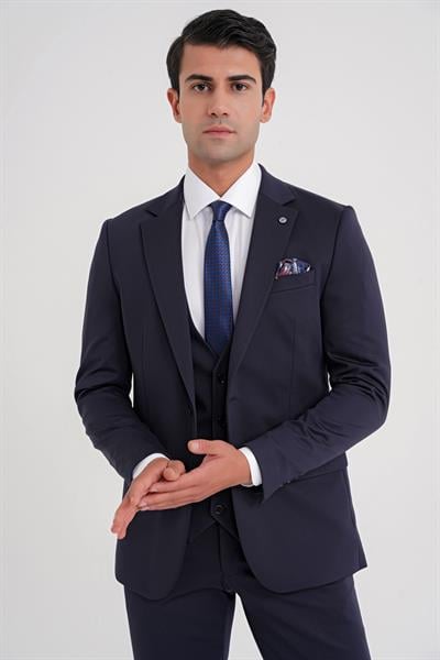 Slim Fit Çift Yırtmaç Doku Desenli Esnek Lacivert Yelekli Takım Elbise TK 927