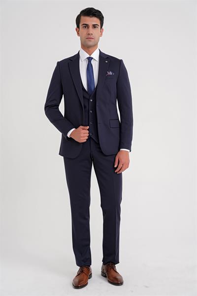 Slim Fit Çift Yırtmaç Doku Desenli Esnek Lacivert Yelekli Takım Elbise TK 927