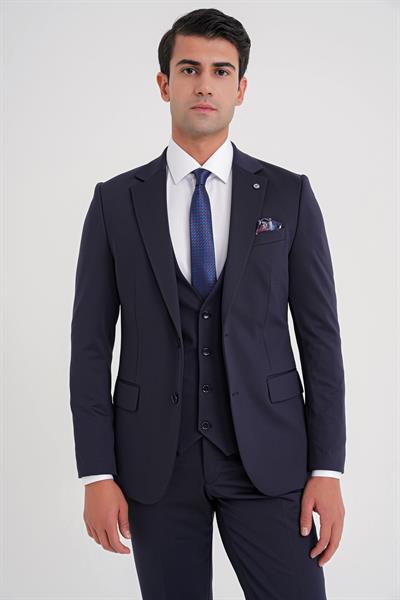 Slim Fit Çift Yırtmaç Doku Desenli Esnek Lacivert Yelekli Takım Elbise TK 927