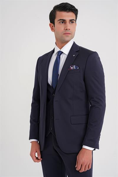 Slim Fit Çift Yırtmaç Doku Desenli Esnek Lacivert Yelekli Takım Elbise TK 927