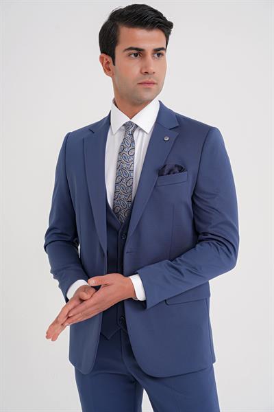 Slim Fit Çift Yırtmaç Doku Desenli Esnek Parlement Yelekli Takım Elbise TK 927