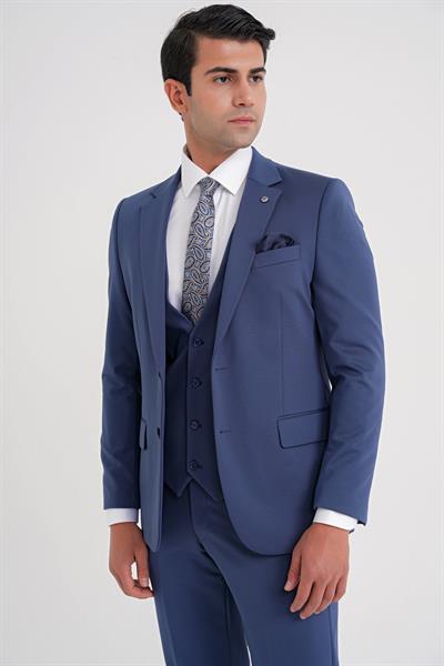 Slim Fit Çift Yırtmaç Doku Desenli Esnek Parlement Yelekli Takım Elbise TK 927