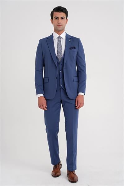 Slim Fit Çift Yırtmaç Doku Desenli Esnek Parlement Yelekli Takım Elbise TK 927