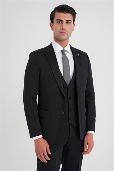 Slim Fit Çift Yırtmaç Doku Desenli Esnek Siyah Yelekli Takım Elbise TK 927