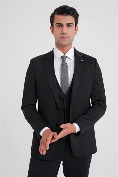Slim Fit Çift Yırtmaç Doku Desenli Esnek Siyah Yelekli Takım Elbise TK 927
