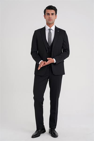 Slim Fit Çift Yırtmaç Doku Desenli Esnek Siyah Yelekli Takım Elbise TK 927