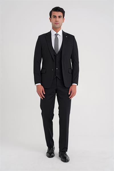 Slim Fit Çift Yırtmaç Doku Desenli Esnek Siyah Yelekli Takım Elbise TK 927