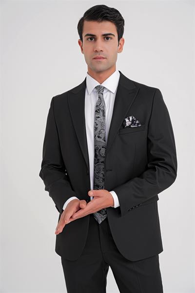 Slim Fit Sivri Yaka Esnek Yünlü Düz Siyah Klasik Takım Elbise TK 928