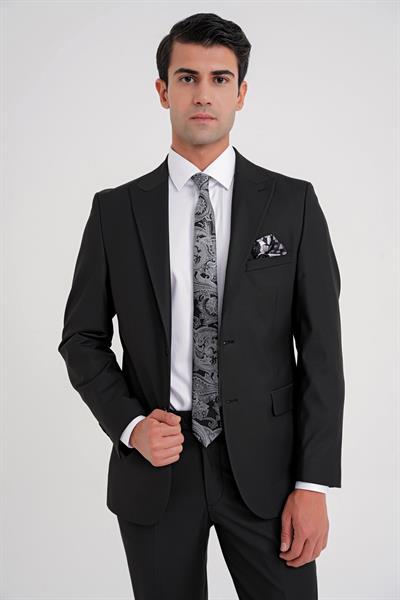 Slim Fit Sivri Yaka Esnek Yünlü Düz Siyah Klasik Takım Elbise TK 928