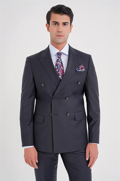 Slim Fit Çift Yırtmaç %95 Yün Esnek Lacivert Kruvaze Takım Elbise TK 929