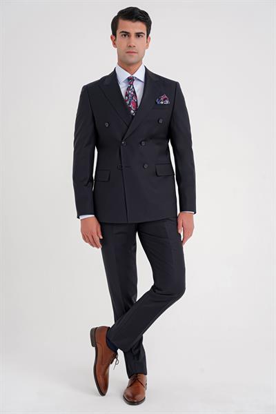 Slim Fit Çift Yırtmaç %95 Yün Esnek Lacivert Kruvaze Takım Elbise TK 929
