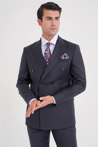 Slim Fit Çift Yırtmaç %95 Yün Esnek Lacivert Kruvaze Takım Elbise TK 929