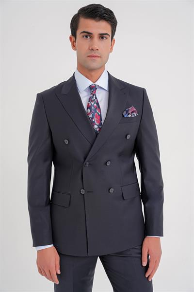 Slim Fit Çift Yırtmaç %95 Yün Esnek Lacivert Kruvaze Takım Elbise TK 929