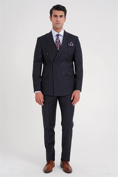 Slim Fit Çift Yırtmaç %95 Yün Esnek Lacivert Kruvaze Takım Elbise TK 929