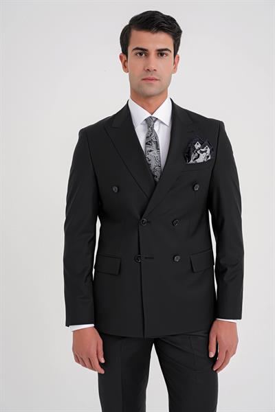 Slim Fit Çift Yırtmaç %95 Yün Esnek Siyah Kruvaze Takım Elbise TK 929
