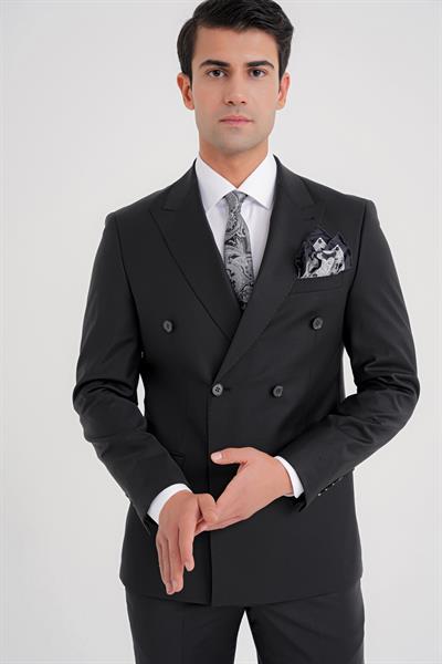 Slim Fit Çift Yırtmaç %95 Yün Esnek Siyah Kruvaze Takım Elbise TK 929