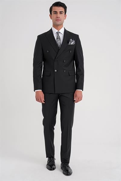 Slim Fit Çift Yırtmaç %95 Yün Esnek Siyah Kruvaze Takım Elbise TK 929