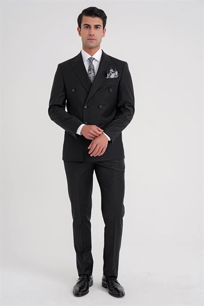 Slim Fit Çift Yırtmaç %95 Yün Esnek Siyah Kruvaze Takım Elbise TK 929