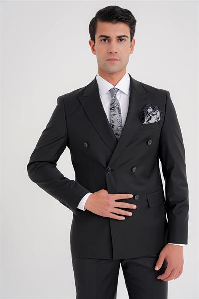 Slim Fit Çift Yırtmaç %95 Yün Esnek Siyah Kruvaze Takım Elbise TK 929
