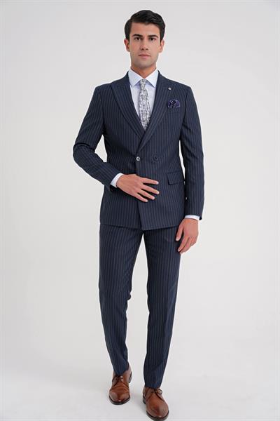 Comfort Fit Çift Yırtmaç İtalyan Çizgili Lacivert Kruvaze Takım Elbise TK 930