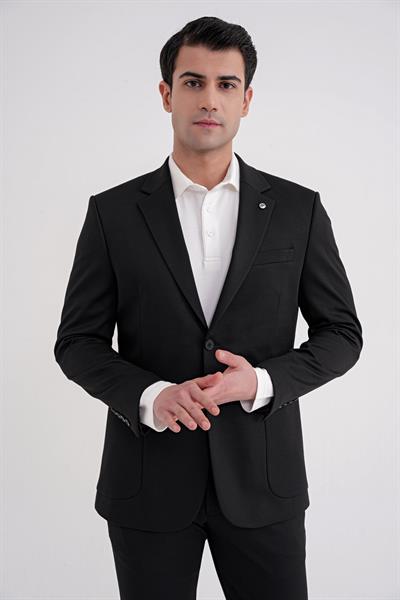 Comfort Fit Mono Yaka Torba Cep Esnek Yünlü Siyah Spor Takım Elbise TK 931