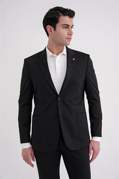 Comfort Fit Mono Yaka Torba Cep Esnek Yünlü Siyah Spor Takım Elbise TK 931