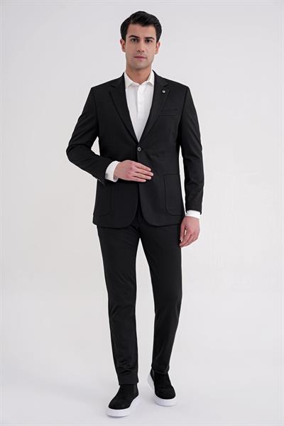 Comfort Fit Mono Yaka Torba Cep Esnek Yünlü Siyah Spor Takım Elbise TK 931