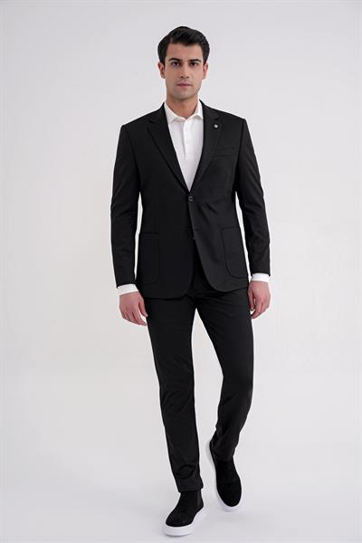 Comfort Fit Mono Yaka Torba Cep Esnek Yünlü Siyah Spor Takım Elbise TK 931