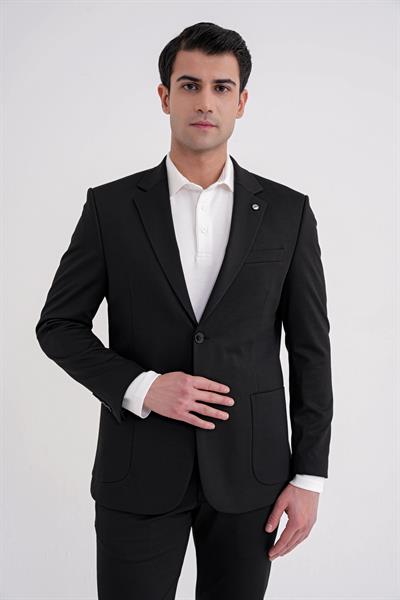 Comfort Fit Mono Yaka Torba Cep Esnek Yünlü Siyah Spor Takım Elbise TK 931