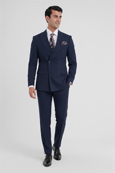 Comfort Fit Çift Yırtmaç Dikine Çizgili Esnek Lacivert Kruvaze Takım Elbise TK 932