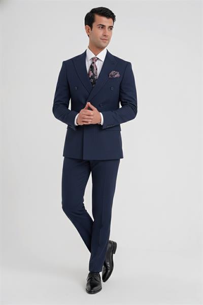 Comfort Fit Çift Yırtmaç Dikine Çizgili Esnek Lacivert Kruvaze Takım Elbise TK 932