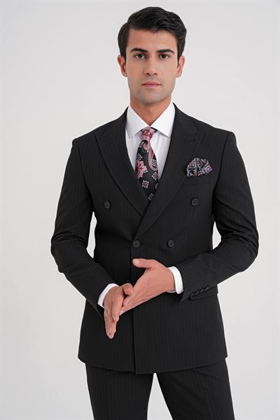 Comfort Fit Çift Yırtmaç Dikine Çizgili Esnek Siyah Kruvaze Takım Elbise TK 932