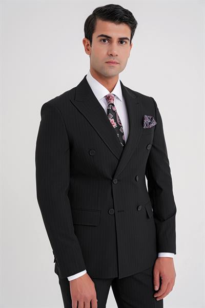 Comfort Fit Çift Yırtmaç Dikine Çizgili Esnek Siyah Kruvaze Takım Elbise TK 932