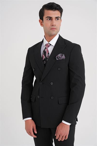 Comfort Fit Çift Yırtmaç Dikine Çizgili Esnek Siyah Kruvaze Takım Elbise TK 932