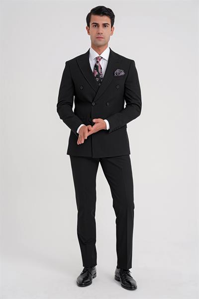 Comfort Fit Çift Yırtmaç Dikine Çizgili Esnek Siyah Kruvaze Takım Elbise TK 932