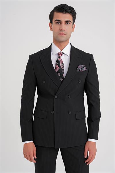 Comfort Fit Çift Yırtmaç Dikine Çizgili Esnek Siyah Kruvaze Takım Elbise TK 932