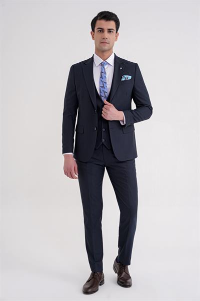 Slim Fit Mono Yaka Çift Yırtmaç Armürlü Esnek Yünlü Lacivert Yelekli Klasik Takım Elbise TK 933