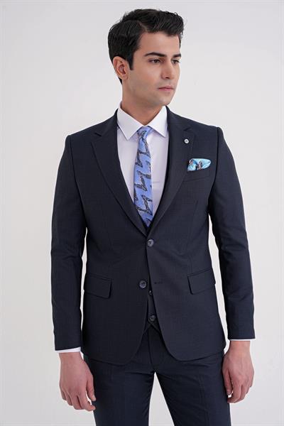 Slim Fit Mono Yaka Çift Yırtmaç Armürlü Esnek Yünlü Lacivert Yelekli Klasik Takım Elbise TK 933